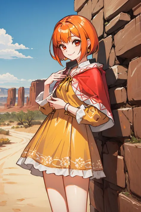 1 girl, outdoors, desert, standing, smile,
 <lora:Azure_Dreams_-_Fur:0.5> azurefur, orange hair, red eyes, short hair, bangs
red capelet, yellow dress, hoop skirt,