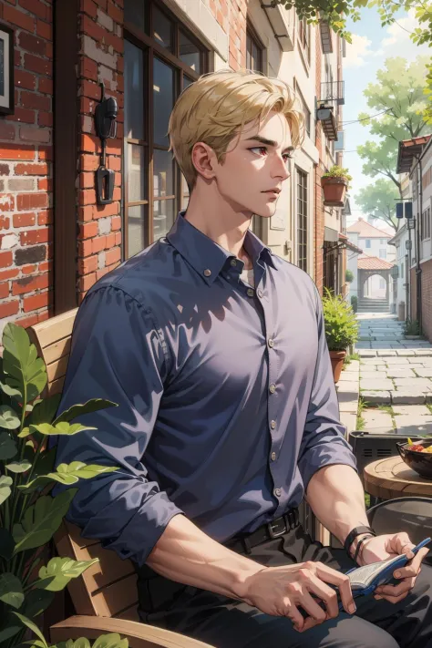 (absurdres, highres, ultra detailed), (1 male, solo, adult, mature, aged up, tall muscular guy, broad shoulders, handsome), blonde hair, red eyes, (angular jaw, thick neck, thick eyebrows), BREAK, best light and shadow, background is back alley, detasiled sunlight, sitting, dappled sunlight, day, plants, summer, depth of field, extremely detailed face, cowboy shot, 