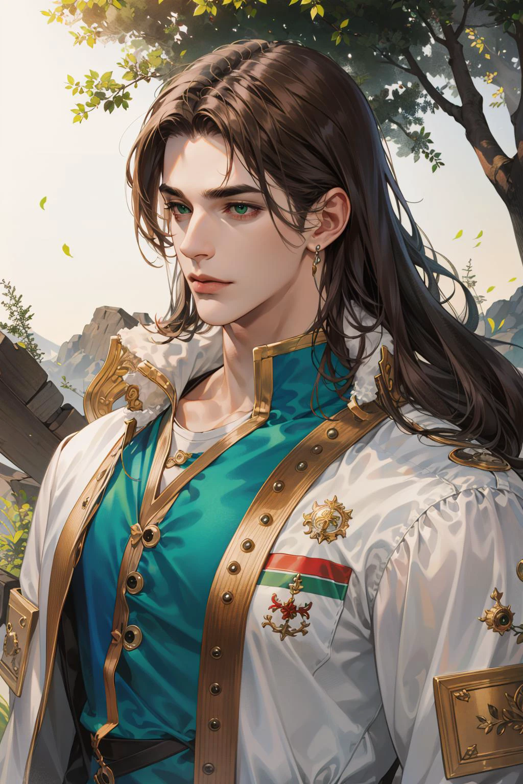 (absurdres, highres, ultra detailed), (1 male, solo, adult, mature, aged up, tall muscular guy, broad shoulders, handsome), wavy brown hair, green eyes, (angular jaw, thick neck, thick eyebrows), BREAK, forest, fantasy, Uniform, extremely detailed face, upper body, 