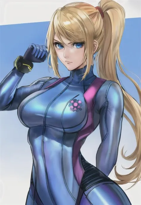 absurdres, best quality, 1girl, solo, eye focus, looking at viewer, samus aran, ponytail, hair tie, blue gloves, blue bodysuit ,...