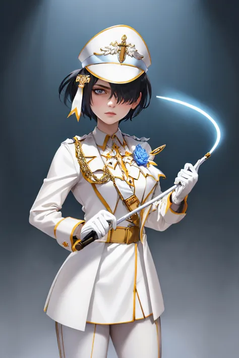 a woman in a uniform holding a sword and a wand