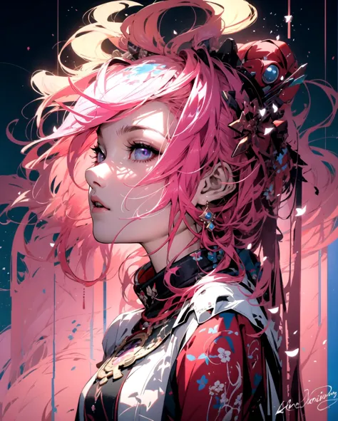 a close up of a woman with pink hair and a pink wig,  glowing pink face,  headpiece,  earrings,  jewellery,  beeple and jeremiah...