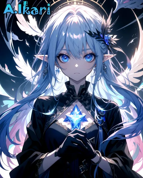 death,blood,night, dark, (Fantasy),Infinite,deep blue sky,The abyss of knowledge,knowledge,((masterpiece)), (((best quality))),((beautiful detailed eyes)),(eyelash),Monster,(1 girl),blue hair,long hair,abyss eyes,Shiny skin,oil,small breast,(bird body,feather),Wearing Rags of cloth, Tzeentch,elf,extremely detailed CG unity 8k wallpaper,masterpiece, ((ultra-detailed)), ((illustration)),colorful,wallpaper,energy,Unknown terror,arcane,Around the magic,magic surrounds,magic rod,book,pages flying all over the sky,Know it all,Predicting the Future,Know the past,Infinite wisdom,blue flame,Warlock,Magical Circle,Pentagram,incantation,mantra,Singing magic,