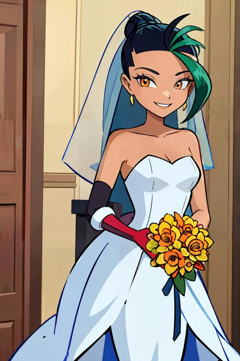 <lora:Winx_Club:0.7>  ((masterpiece,best quality)), absurdres, <lora:Nemona_Pokemon:0.7>, Nemona_Pokemon,  black hair, green hair, orange eyes, dark skin, multicolored hair, two-tone hair, hair pulled back,   bride, wedding dress, bridal veil, strapless dress, elbow gloves, holding bouquet, solo, smiling, looking at viewer, cowboy shot, leaning forward,