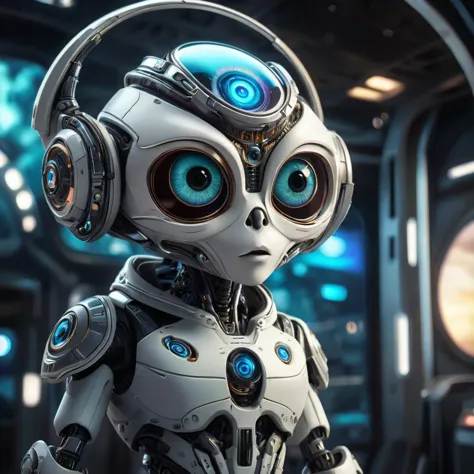 cinematic shot of little cyborg alien, big cute eyes, galaxy reflextion in the eyes, the alien got galaxy skin, standing inside ...