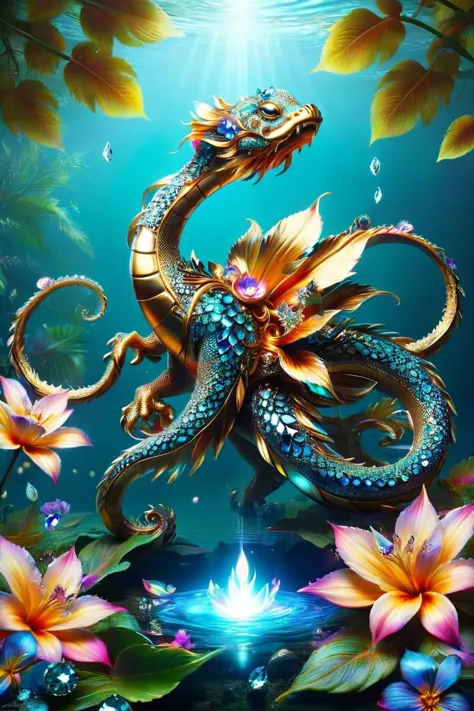 illustrious, Darling, kraken hatchling made of ral-bling, dancing on leaves and flower petals, whimsical, intricate details, col...