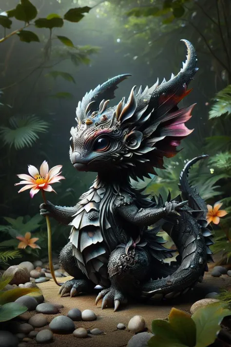 illustrious, Darling, cute kraken hatchling made of ObsidianCeramic and ais-olde, big eyes, dancing on leaves and flower petals,...