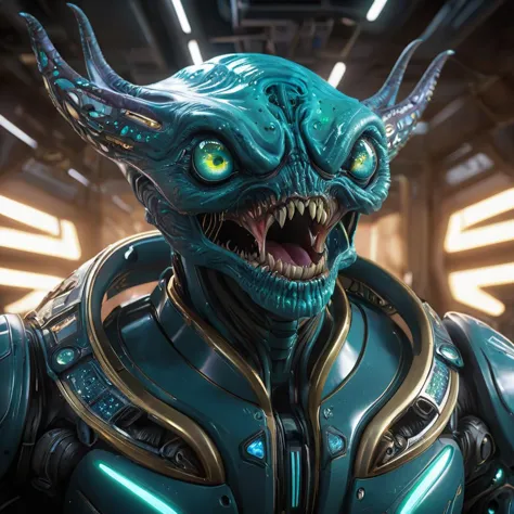 cinematic shot of giant buff alien, big wide eyes, galaxy reflextion in the eyes, the alien got galaxy skin, big open mouth with sharp teeth, slime running out of the mouth, standing inside a futuristic spacestation, HD, masterpiece, best quality, hyper detailed, ultra detailed,