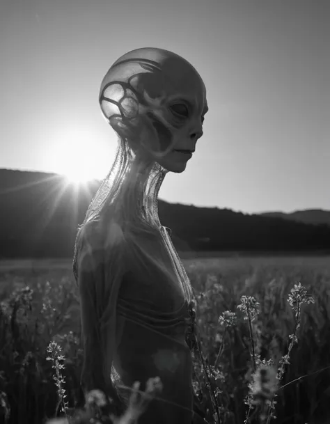 a black and white photo of a woman in a field of grass