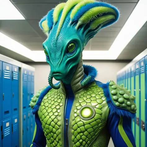 cinematic shot of a spiny alien athlete, (wearing an alien sports uniform):2, (fantastic facial traits):3, long nose, three eyes...