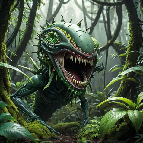 cinematic shot of deadly plant alien, no eyes, big open mouth with sharp teeth, slime and deadly spores running out of the mouth, standing inside a alien forest with exotic plants, HD, masterpiece, best quality, hyper detailed, ultra detailed,