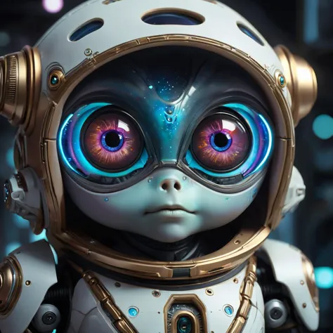 cinematic shot of little cyborg alien, big cute eyes, galaxy reflextion in the eyes, the alien got galaxy skin, standing inside ...