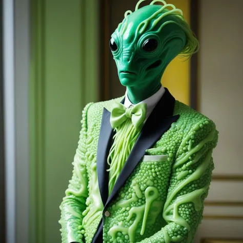 there is a man in a green suit and tie with a green alien head