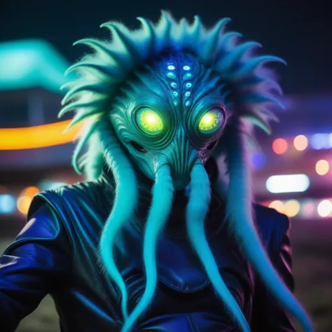 vibrant, selfie shot of an creepy fluffy alien posing, leathery alien skin, prism pupils, scary alien tunic made of Bio-Luminescent Silk crying facial expression, lips parted expressive alien creature, science fiction, cyberpunk, futuristic, fantasy, ((bright scene)), alien landscape, soft focus, cinematic lighting, imax, dslr, photography, bokeh, tentacles,polaroid