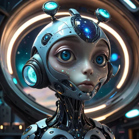 cinematic shot of little cyborg alien, big cute eyes, galaxy reflextion in the eyes, the alien got galaxy skin, standing inside ...