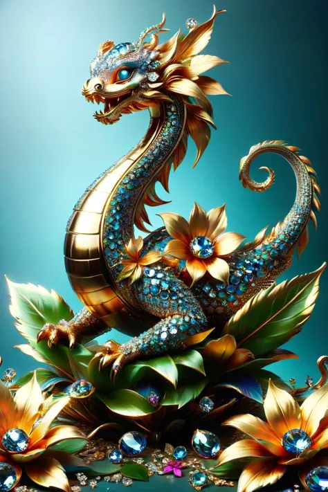 illustrious, Darling, kraken hatchling made of ral-bling and ral-glydch, dancing on leaves and flower petals, whimsical, intricate details, colorful, magical, realism, hyperrealistic,<lora:ral-bling-sdxl:0.8> <lora:ral-glydch-sdxl:0.8>