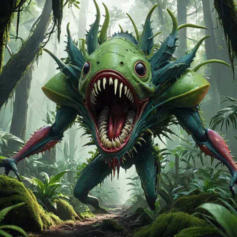 a close up of a monster with a big mouth in a forest