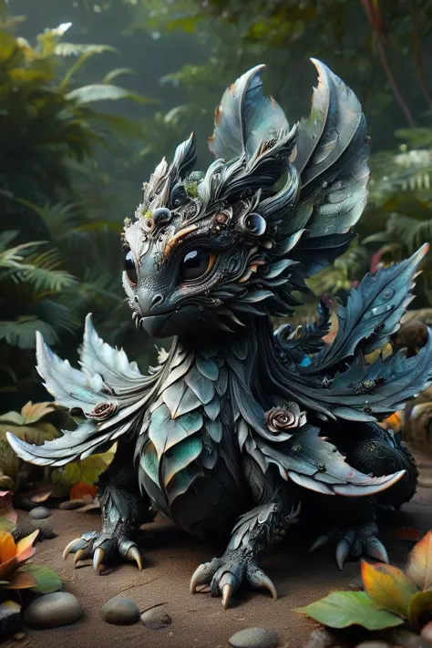 illustrious, Darling, cute kraken hatchling made of ObsidianCeramic and ais-olde, big eyes, dancing on leaves and flower petals, whimsical , intricate details, colorful, magical, realism, hyperrealistic <lora:ObsidianCeramic:0.8> <lora:Old_Style_SDXL:0.8>