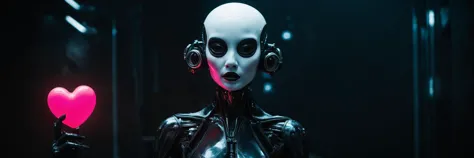 映画のような写真, ブラックサイバーパンク, ハートのサインを持っているエイリアン, かわいい, 気分を高揚させるオートクチュール, 写真映えする, 激しい感情, 感情的な笑顔, 歯, perfect 歯