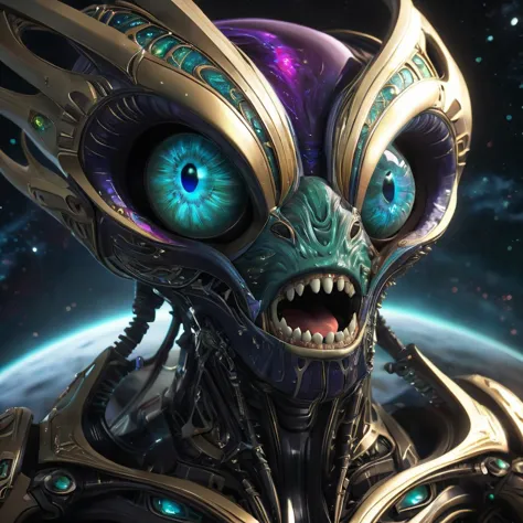 cinematic shot of giant buff alien, big wide eyes, galaxy reflextion in the eyes, the alien got galaxy skin, big open mouth with...