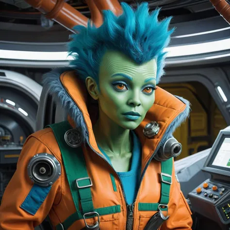 cinematic shot of an exotic alien mechanic, (wearing oily orange overalls):2, fantastic facial traits, alien hair, alien hairstyle, blue fur, green skin, tired expression, working on the engine of an alien spacecraft, science fiction, dingy