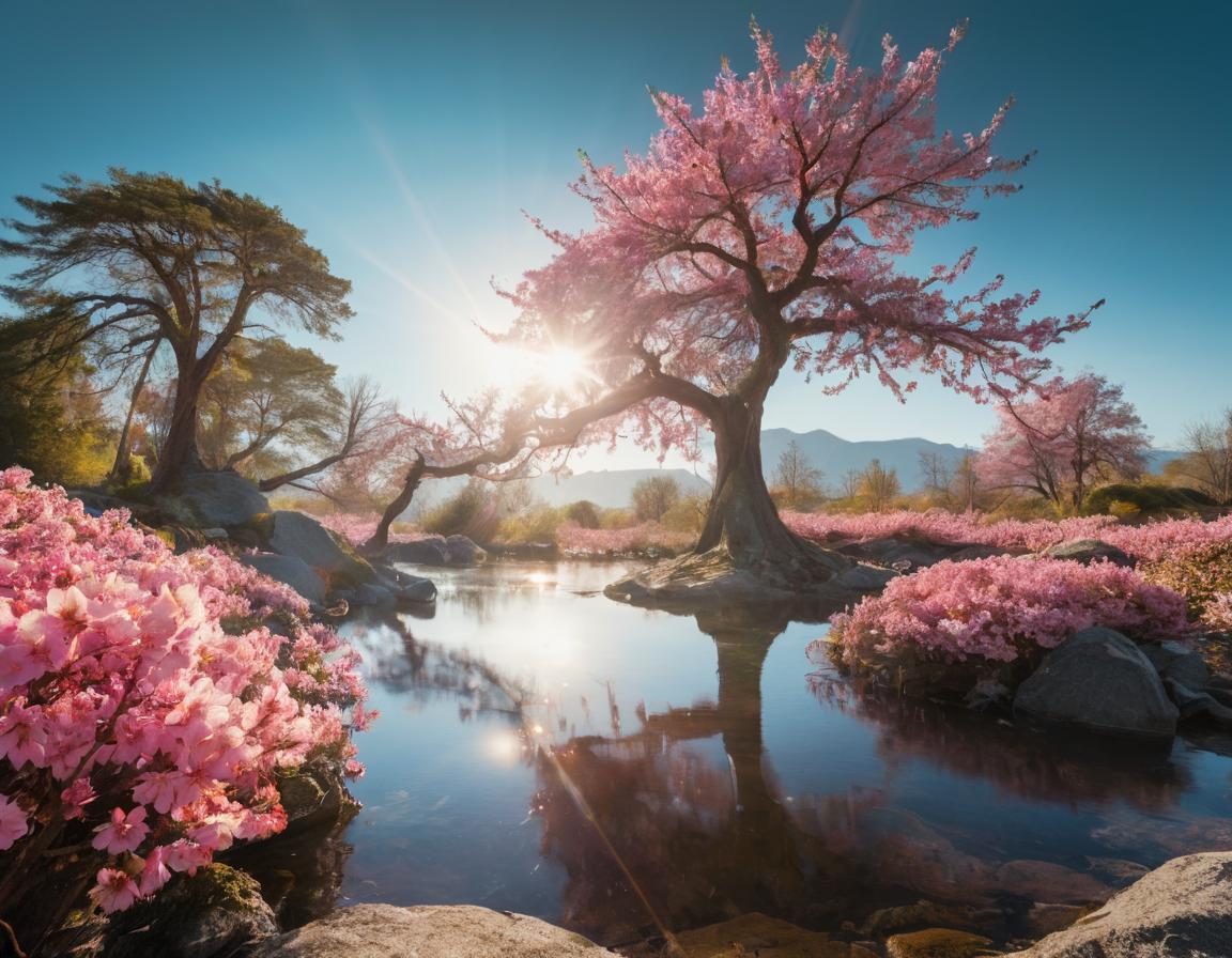 Arafed view of a lake with trees and a sunset in the background - SeaArt AI