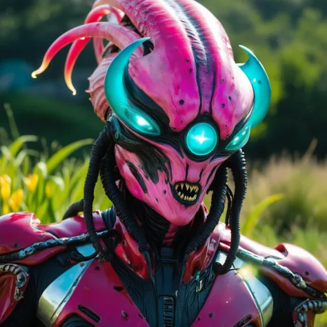 cinematic shot of an fantastic  alien posing, 
dark pink fantasy alien skin,
tight rough alien skin,
yellow alien iris,
aquamari...