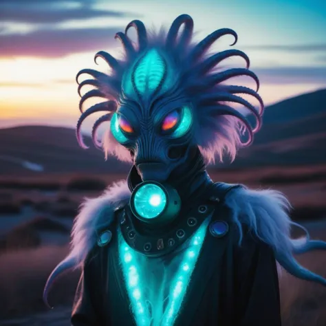 vibrant, selfie shot of an creepy fluffy alien posing, leathery alien skin, prism pupils, scary alien tunic made of Bio-Luminescent Silk crying facial expression, lips parted expressive alien creature, science fiction, cyberpunk, futuristic, fantasy, ((bright scene)), alien landscape, soft focus, cinematic lighting, imax, dslr, photography, bokeh, tentacles,polaroid