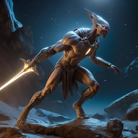 half shot,hdr, high details, 8k,hyperrealistic,dynamic pose,night,amazing background,interplanetary warrior,heroic,mutated,holding an energy blade for combat challenges,raytracing