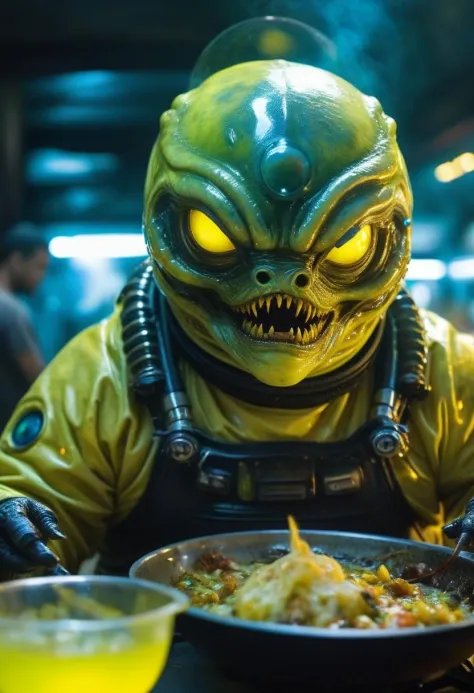 cinematic shot of an machiavelic chubby alien cooking, 
transparent alien skin,
prism pupils,
scary alien yellow armor
positive facial expression, mouth opened
expressive alien creature, alien person, alien monster, horror, science fiction, cyberpunk, futuristic, fantasy,
((bright scene)), alien landscape, soft focus, cinematic lighting, imax, dslr, photography, bokeh