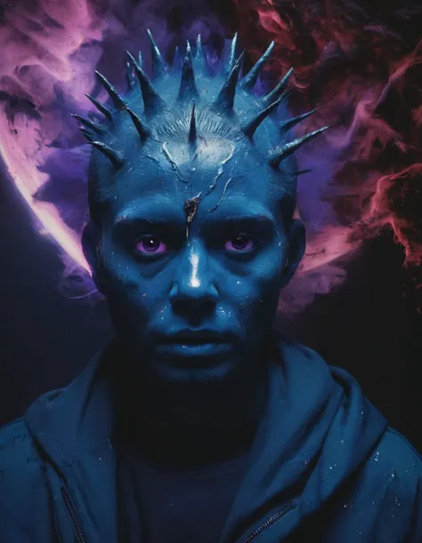 a man with a spiked head and blue makeup in front of a planet