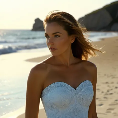 a woman in a white dress standing on a beach next to the ocean