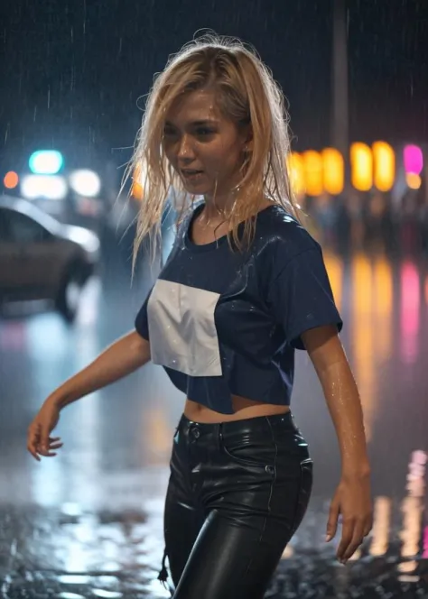 close-up of a woman in t-shirt dancing on the street, blonde hair, wet clothes, rainy night,
<lora:Nlo_CinematicLookEnhancer_v1:...