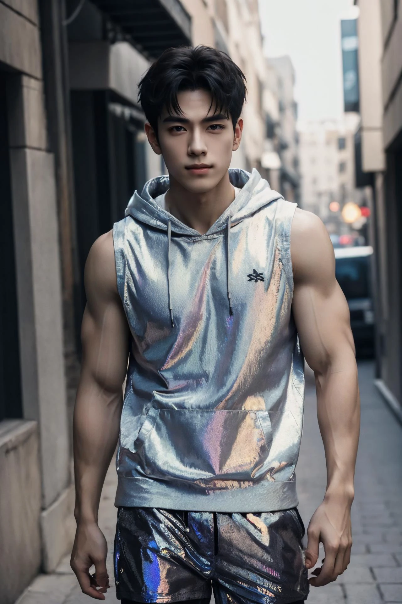 absurdres, intricate details, masterpiece, best quality, high resolution, 8k, 
1boy, Manhuanan, sleeveless hoodie, shorts, (holographic clothing),
looking at viewer, standing, smirk, 
(muscular, large pectorals), abs, hair between eyes, 
detailed face, black eyes, black hair, eye reflection, blue necklace,
street,
detailed background, cinematic lighting
