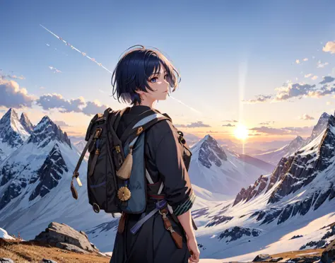 masterpiece, best quality, 1girl, solo, from behind, backpack, original clothes, sunset, tropic, glacier, alpine forest, mountai...