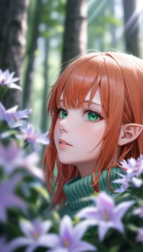 Masterpiece, best quality, 1girl, solo, orange hair, green eyes, close-up, pointy ears, green turtleneck sweater, in a forest, trees, flowers, holding a white bottle of isopropanol, detailed background, depth of field, rimlighting, specular highlights, blo...