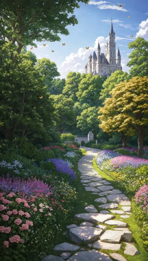 Masterpiece, best quality, no humans, castle garden, trees, summer, flowers, bushes, roses, clouds, sky, stone path, big tree, bees, butterflies, hyperrealistic, detailed background, depth of field, rimlighting, specular highlights, bloom, atmospheric ligh...
