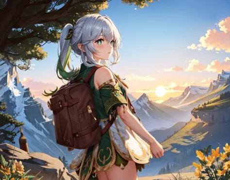 Masterpiece, best quality, 1girl, solo, from behind, backpack, origignal clothes, sunset, tropic, glacier, alpine forest, mountainous horizon, sky, trees, warm lighting, hyperrealistic, detailed background, depth of field, rimlighting, specular highlights, bloom, atmospheric lighting, nahida_genshin, cross-shaped pupils, default_dress, green cape,