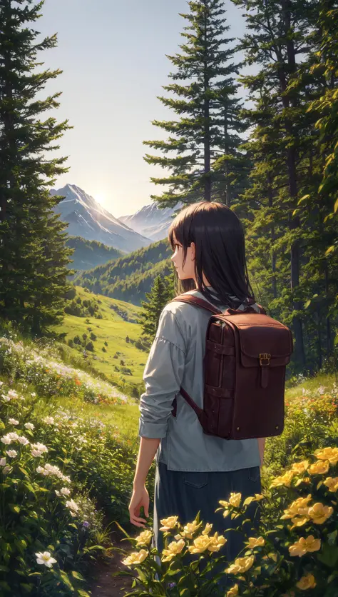 Masterpiece, best quality, 1girl, solo, from behind, backpack, adventurer clothes, day, forest, trees, flowers, bushes, sunlight, mountainous horizon, sky, warm lighting, hyperrealistic, detailed background, depth of field, rimlighting, specular highlights...