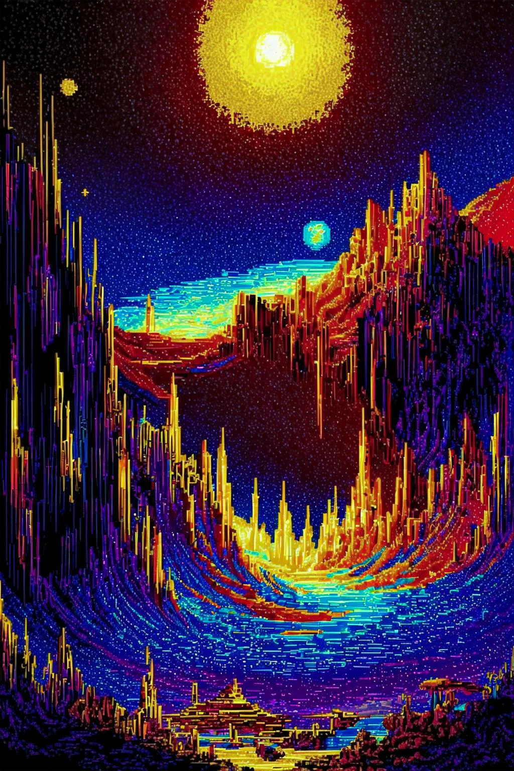 ((pixelart:1.2)), Planeta alienígena no espaço, cósmico, pintura digital elegante e intrincada, Obra de arte,