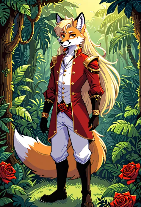 a cartoon fox in a red coat standing in a forest