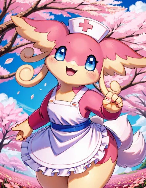 (masterpiece, best quality, highres, ultra detailed:1.2), (solo, no humans, close up, depth of field, cowboy shot), audino, pokemon (creature), blue eyes, pink fur, tail, smile, open mouth, cute pose, BREAK, sleeveless, pink and white apron, nurse hat, bowing, leaning forwards, BREAK, (cherry blossoms, sakura, petals, petals on grass, petals in wind, meadow, detailed background:1.1)