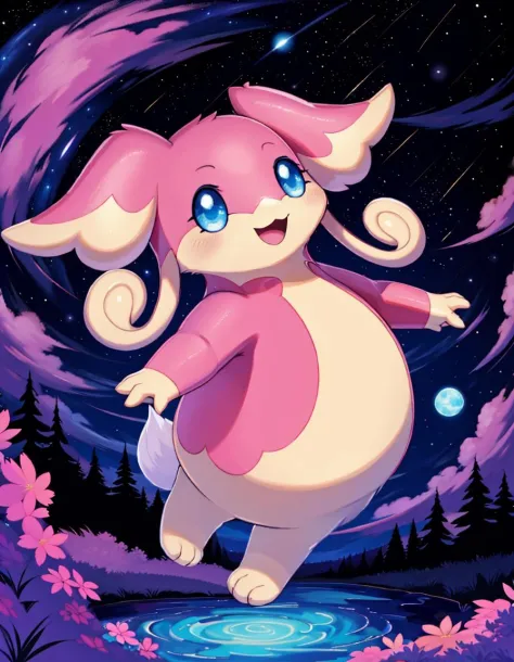 (masterpiece, best quality, highres, ultra detailed:1.2), (solo, no humans, full body), audino, pokemon (creature), blue eyes, pink fur, tail, smile, open mouth, stars, nighttime