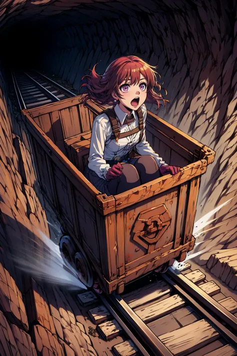 anime girl sitting in a wooden box on a train track