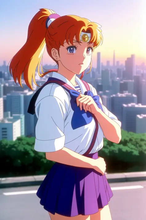 90's anime vintage anime screenshot joyful school girl Sailor Moon stay in front of post soviet city landscape on the background, deep bokeh, close-up, anime masterpiece by Studio Ghibli. 8k, sharp high quality classic anime from 2000 in style of Hayao Miyazaki