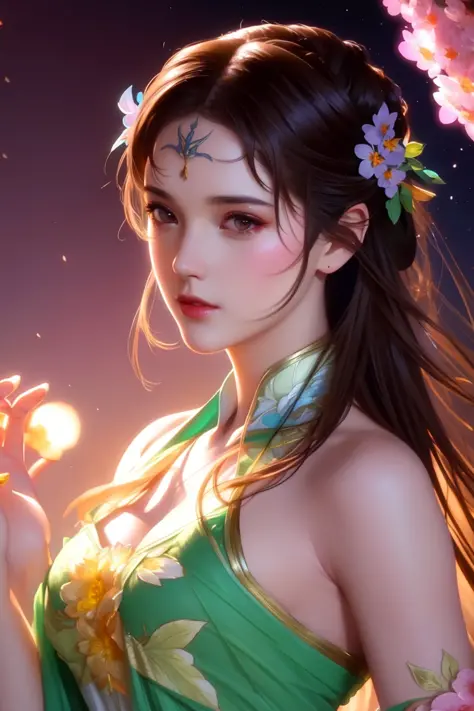 beautiful female android!, half body portrait angel in a dress made of flowers, bokeh background, focused eyes and lips, 4k, neon flowers, intricate detailed environment, cell shaded, floro details, intricate, elegant, highly detailed, digital painting, artstation, concept art, smooth, sharp focus, illustration, art by artgerm and greg rutkowski and alphonse mucha