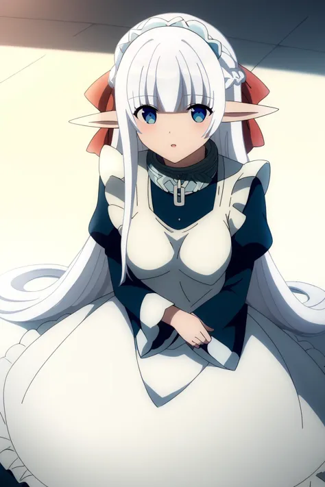 anime character sitting on a floor with a white dress and blue eyes