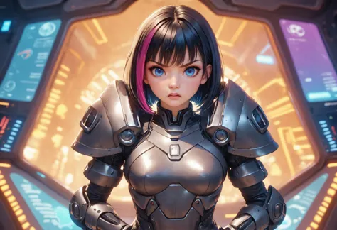 a close up of a woman in a futuristic suit standing in front of a futuristic screen