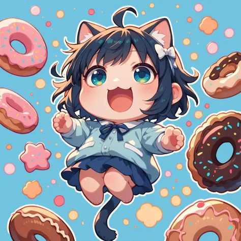 anime girl with cat ears and blue eyes surrounded by donuts