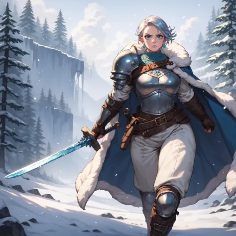 score_9, score_8_up, score_8, score_9, 1girl, woman, voluptous mature european female, muscular, barbarian, aquamarine eyes, serious expression, combat stance, white short hair, stoic expression, leather armor, cape, arctic forest background, epic atmosphere, winter scenery, ice sword, cape, fur trimmed cape with silver embroidery